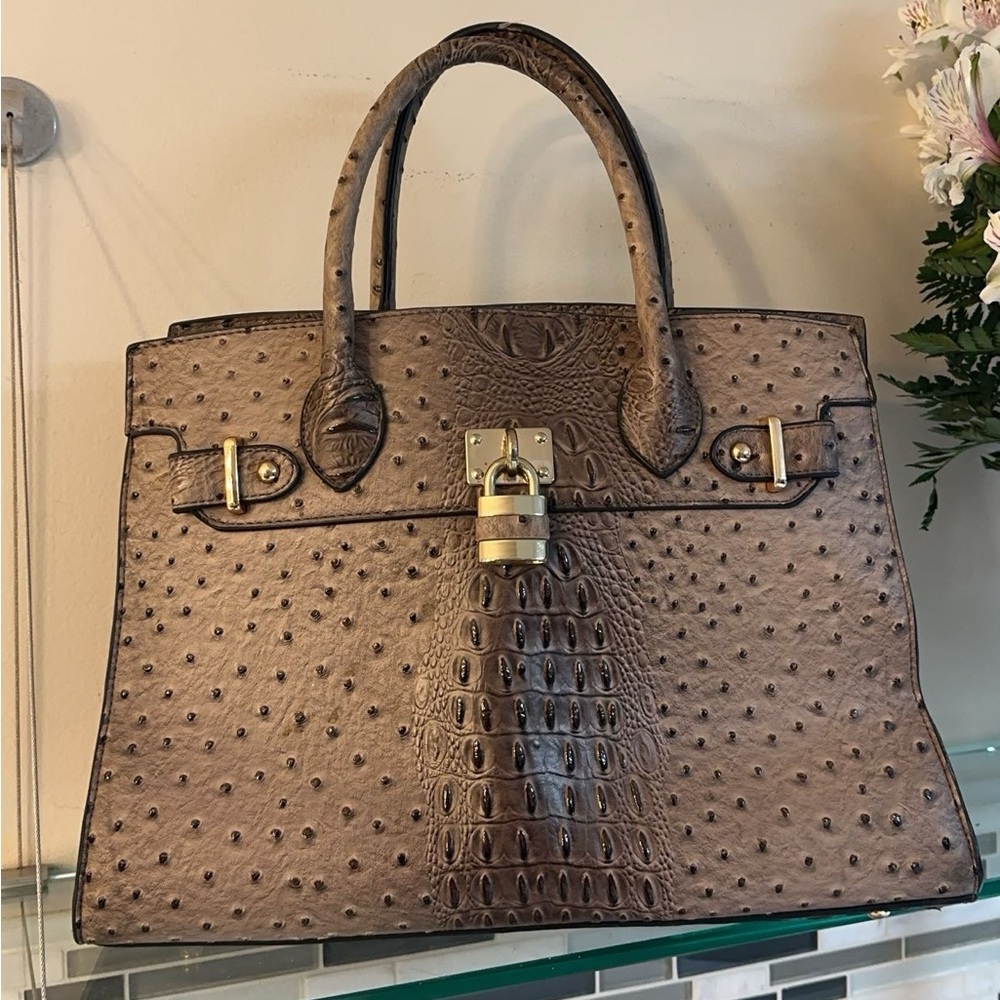 Taupe Ostrich Look Satchel Handbag and Wristlet